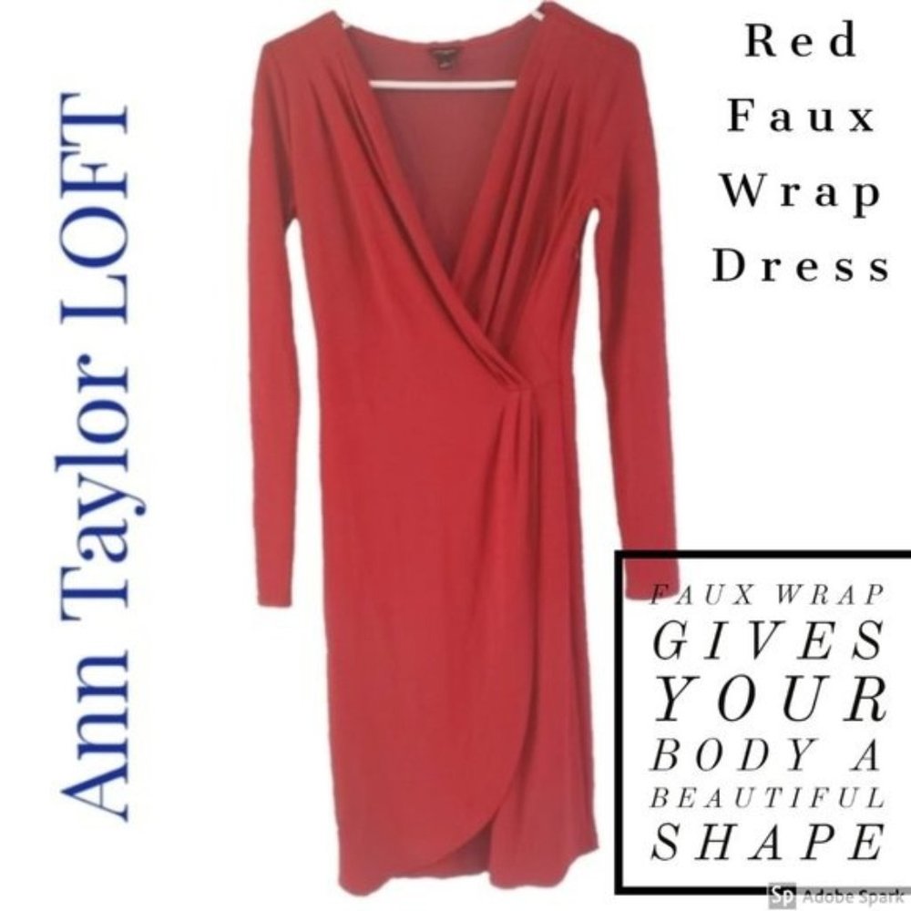 Ann Taylor Shirred Faux Wrap Dress Sz 0 Red